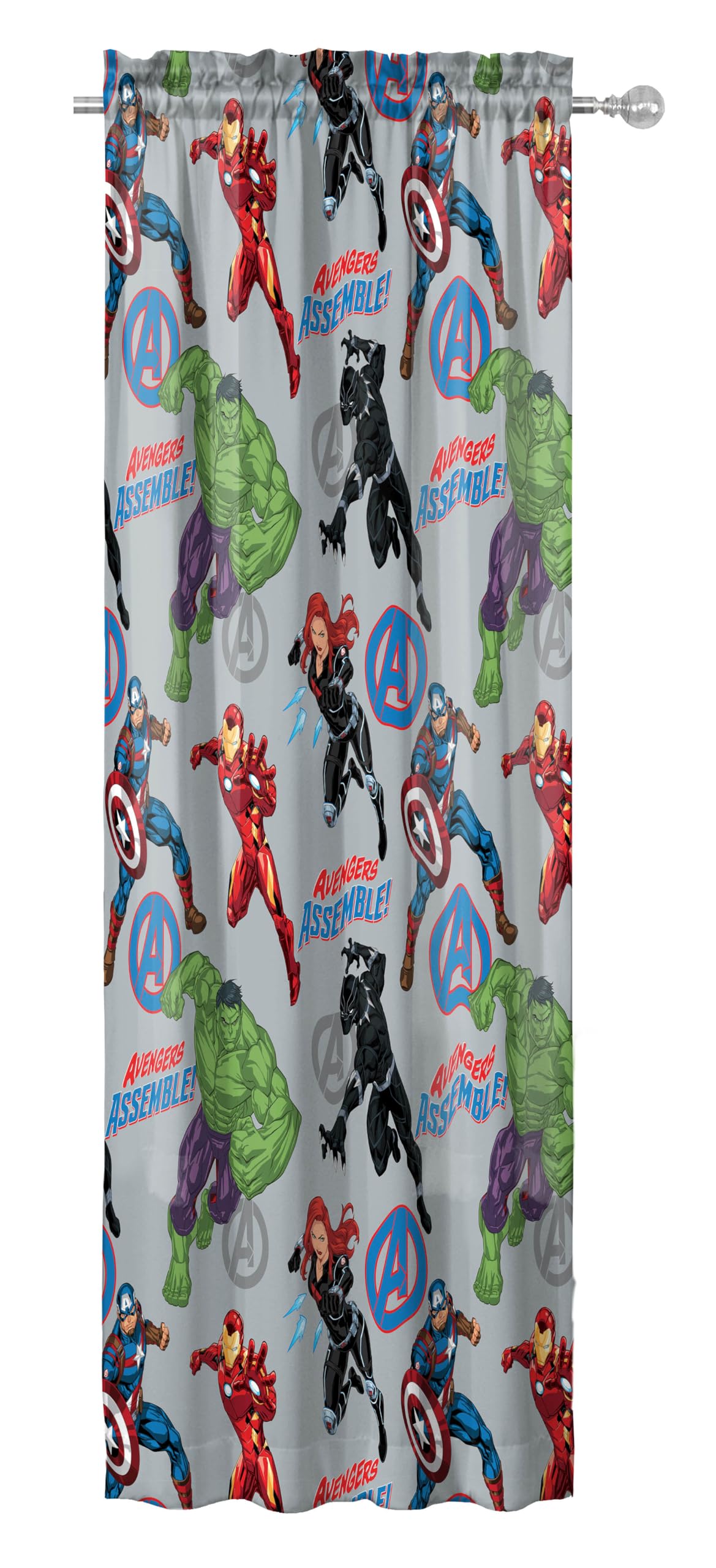 Jay Franco Window Curtains for Kids Bedroom 4-Piece Drape Set with 2 Tiebacks, Grey - Avengers, 42" W x 63" L (Pack of 2)