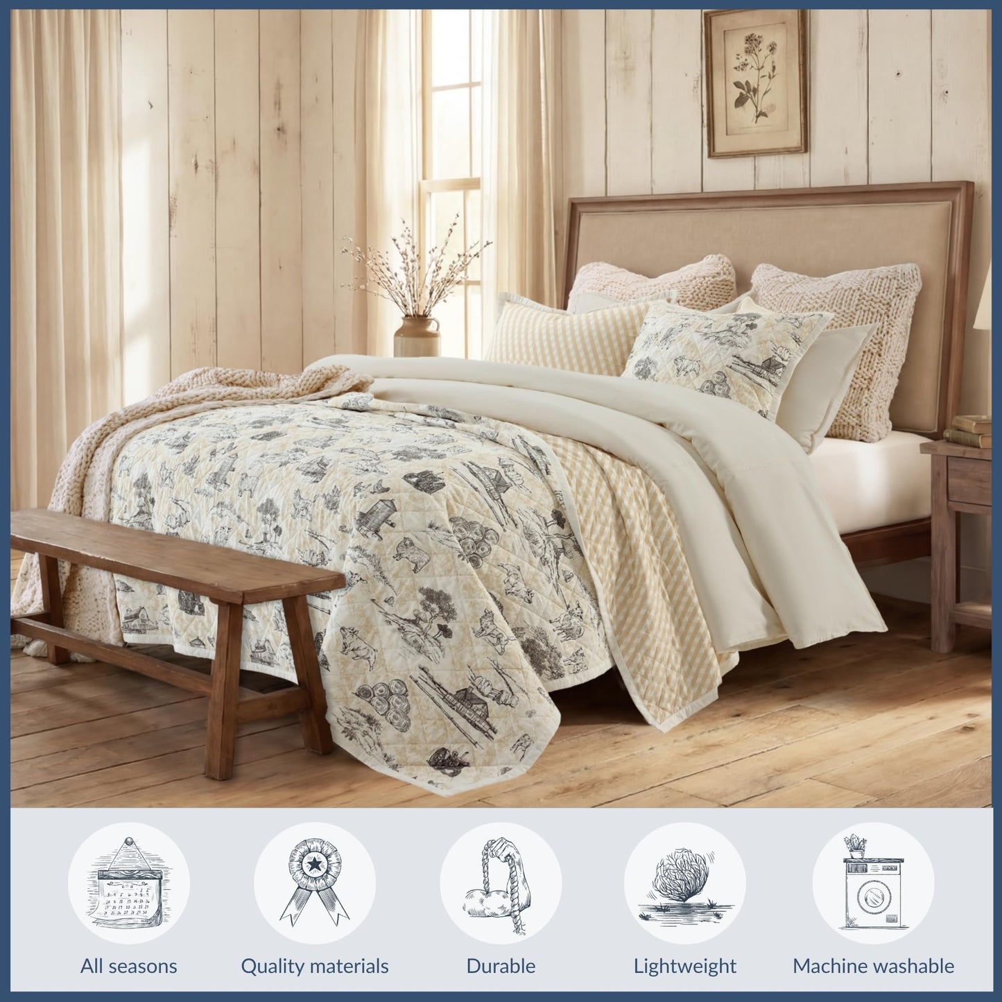 Paseo Road Indigo Hill by HiEnd Accents Farm Life 3 Piece King Size Quilt Set, Animal Farm Barn Toile Print Rustic Bedding, Cream Tan Lightweight Quilt for Farmhouse Bedding and Cabin Bedrooms