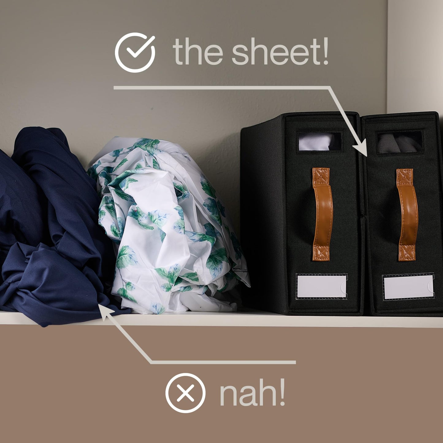 LOFT + IVY Sheet Organizers and Storage – Bed Sheet Holders Box for Linen Closet, Foldable Bedding Storage with Leather Handles, Label Slot, Closure – Black, 4-Pack