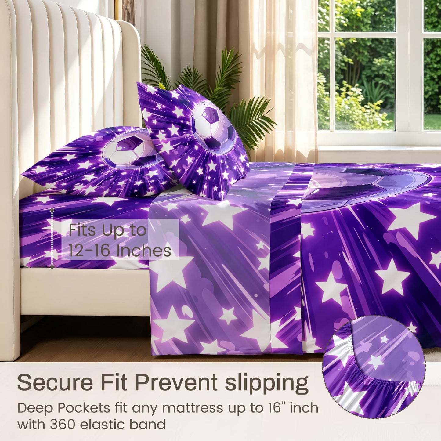 Soccer Ball Sheet Set, 4 Pcs Queen Size Boys Stars Bed Sheets, Purple