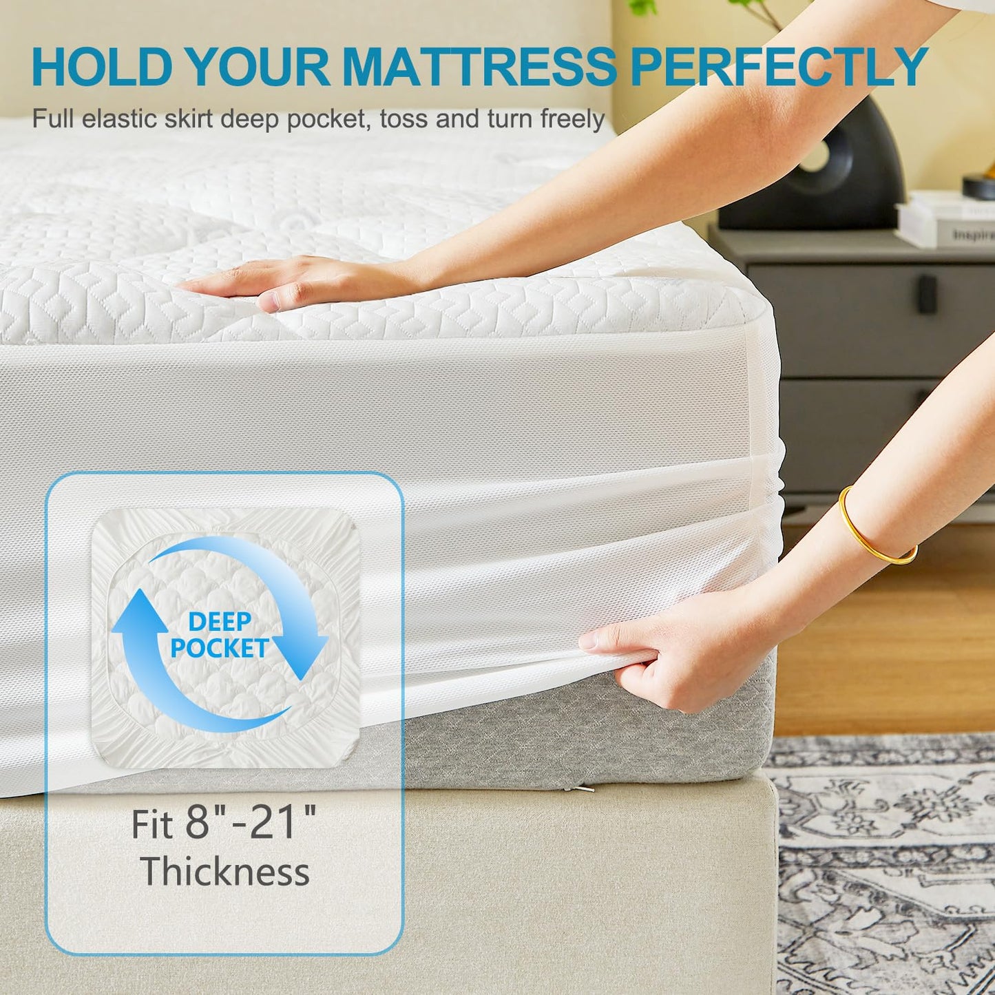 GOLDBOVER Mattress Topper Full, 2 inch Ultra Soft Quilted Fitted Mattress Pad Cooling Mattress Cover with Thin Down Alternative Filling Noiseless & Breathable (8-21”Deep Pocket)