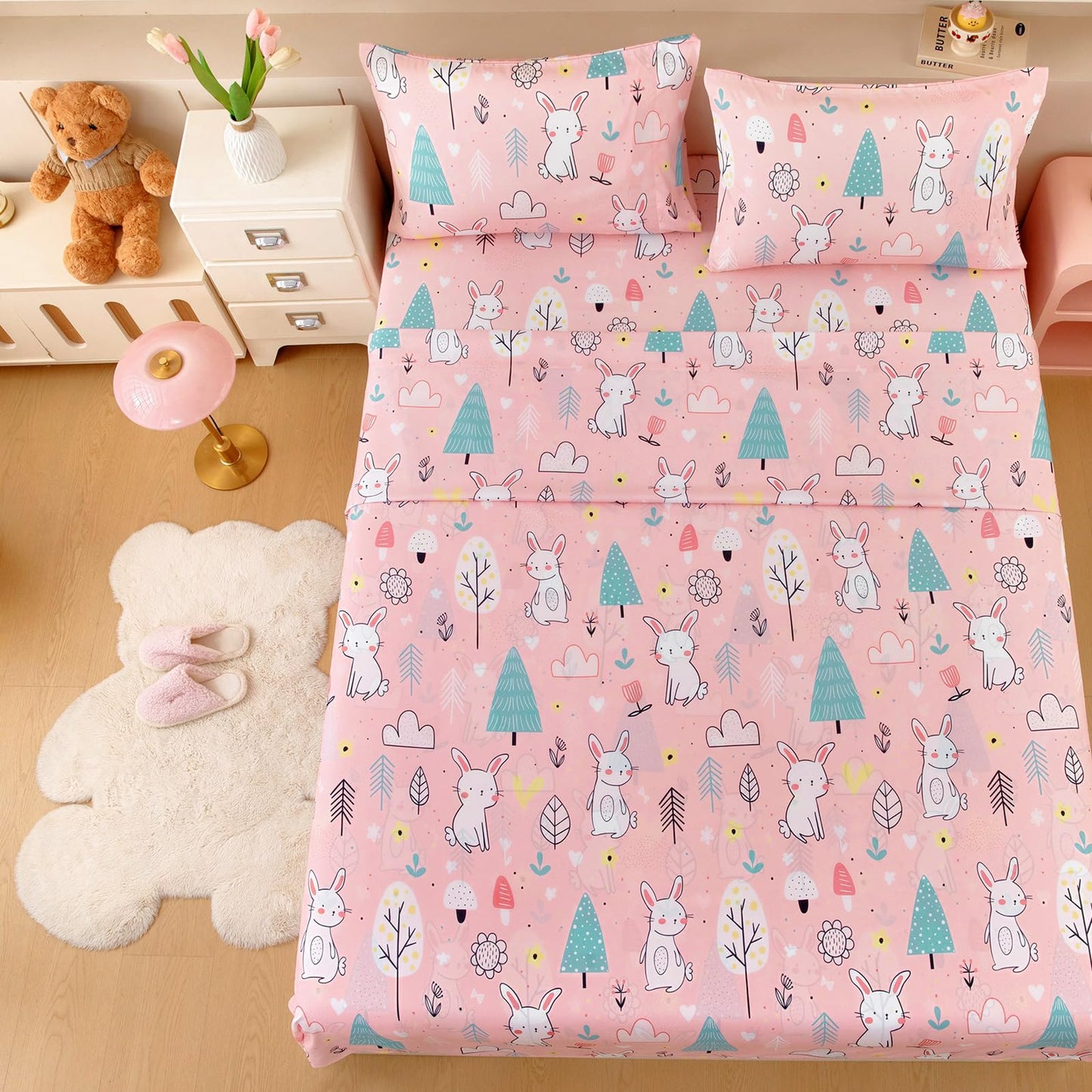 MICORAL Kids Twin Sheet Set Bunny, 3 Pieces Sheets for Boys & Girls, Soft Printed Microfiber Bed Sheets, Deep Pocket Cozy Toddler Bedding Set