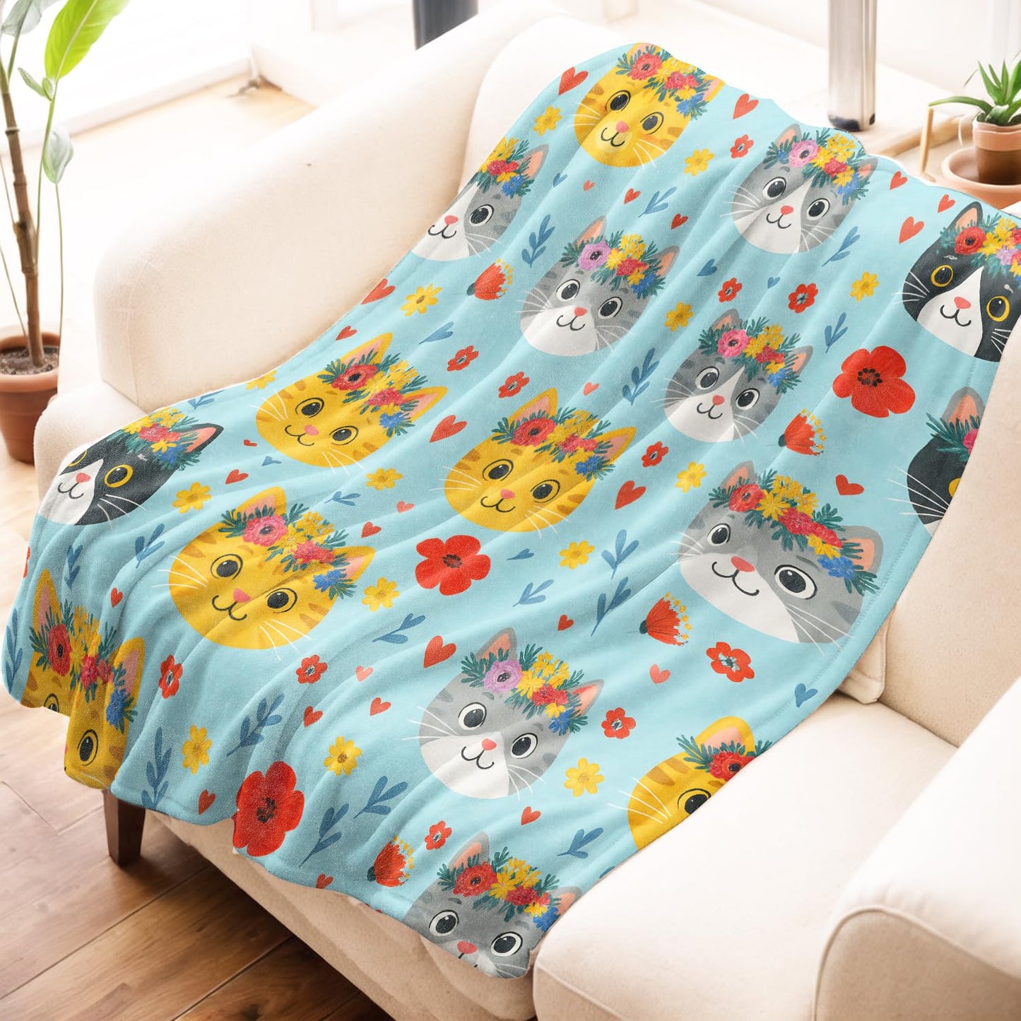 Mniedc Cat Floral Crown Blanket, Cute Kitten Flannel Throw Blankets, 50"x60", Soft Warm Lightweight Fuzzy Cozy Throws for Couch Bed Sofa Living Room Decorative Gifts for Pet Lover Women Girls, Blue