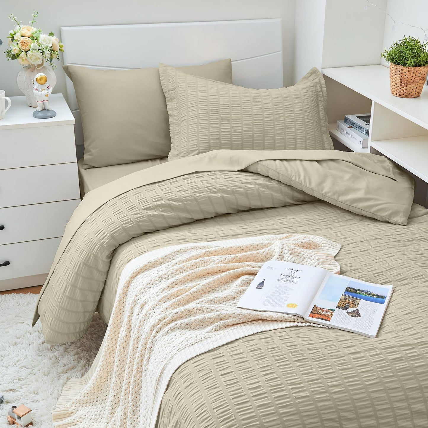 HYMOKEGE Light Linen Twin Comforter Set Seersucker 5 Pieces, All Season Luxury Bed in a Bag for Bedroom, Bedding Set with Comforter, Sheets, Pillowcase & Sham