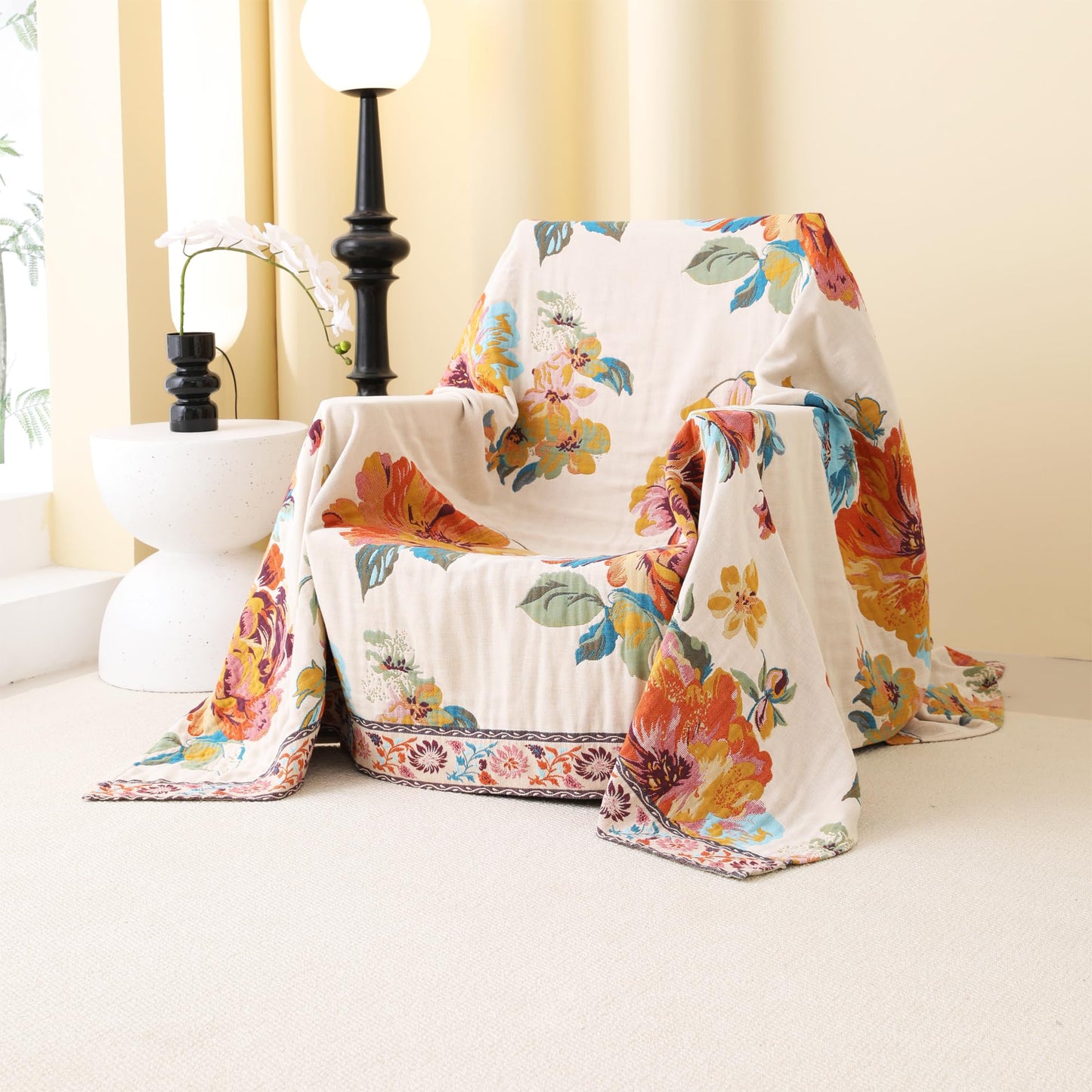 BRYALIX 100% Cotton Muslin Throw Blanket, Orange Floral Pattern, Lightweight Quilt, Boho Farmhouse Decorative Fringed Reversible Jacquard Throw for Home, Picnic, Travel, 60"x80"