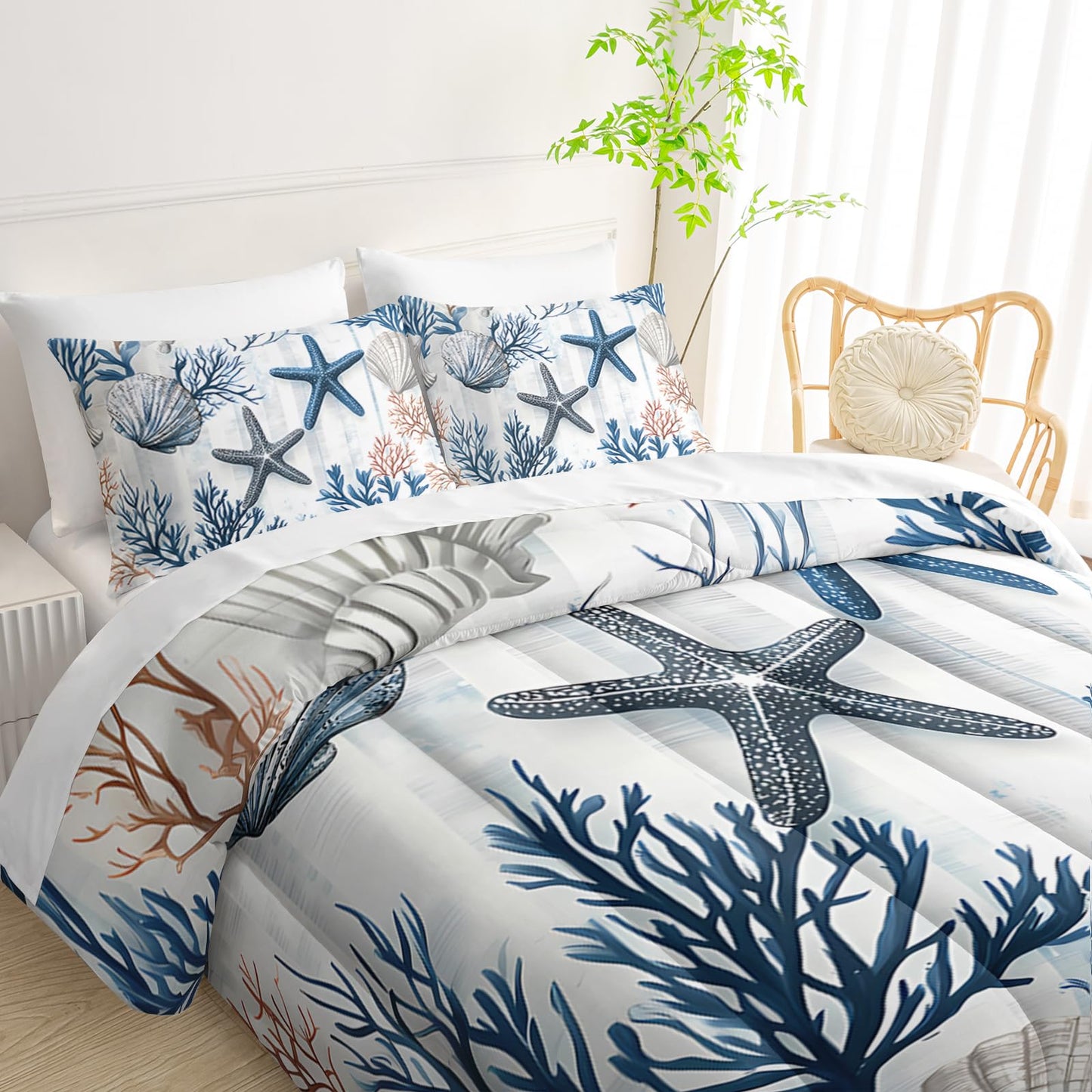 QOOMO Coastal 7 Pieces Comforter Set Queen Size,Coral Starfish Bedding Set for Kids Teens Girls-Include 1 Comforter,1 Fitted Sheet,1 Flat Sheet,2 Printing Pillowcases and 2 Black Pillowcases