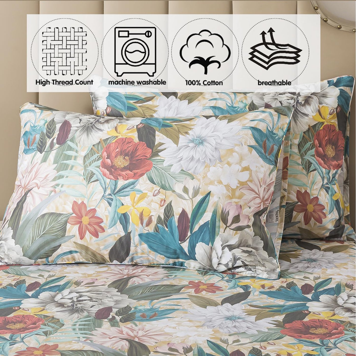 FADFAY Queen Sheet Set, 100% Cotton Sateen Soft Breathable, Luxury Vintage Floral Bed Sheets, Elegant Large Peony & Botanical Print, Classic Garden Style Bedding, Deep Pocket Fitted Sheet, 4 Pieces
