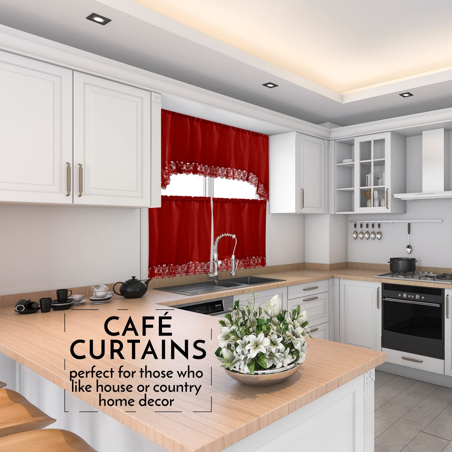 American Linen 3-Piece Kitchen Café Curtains with Embroidered Lace (Red)