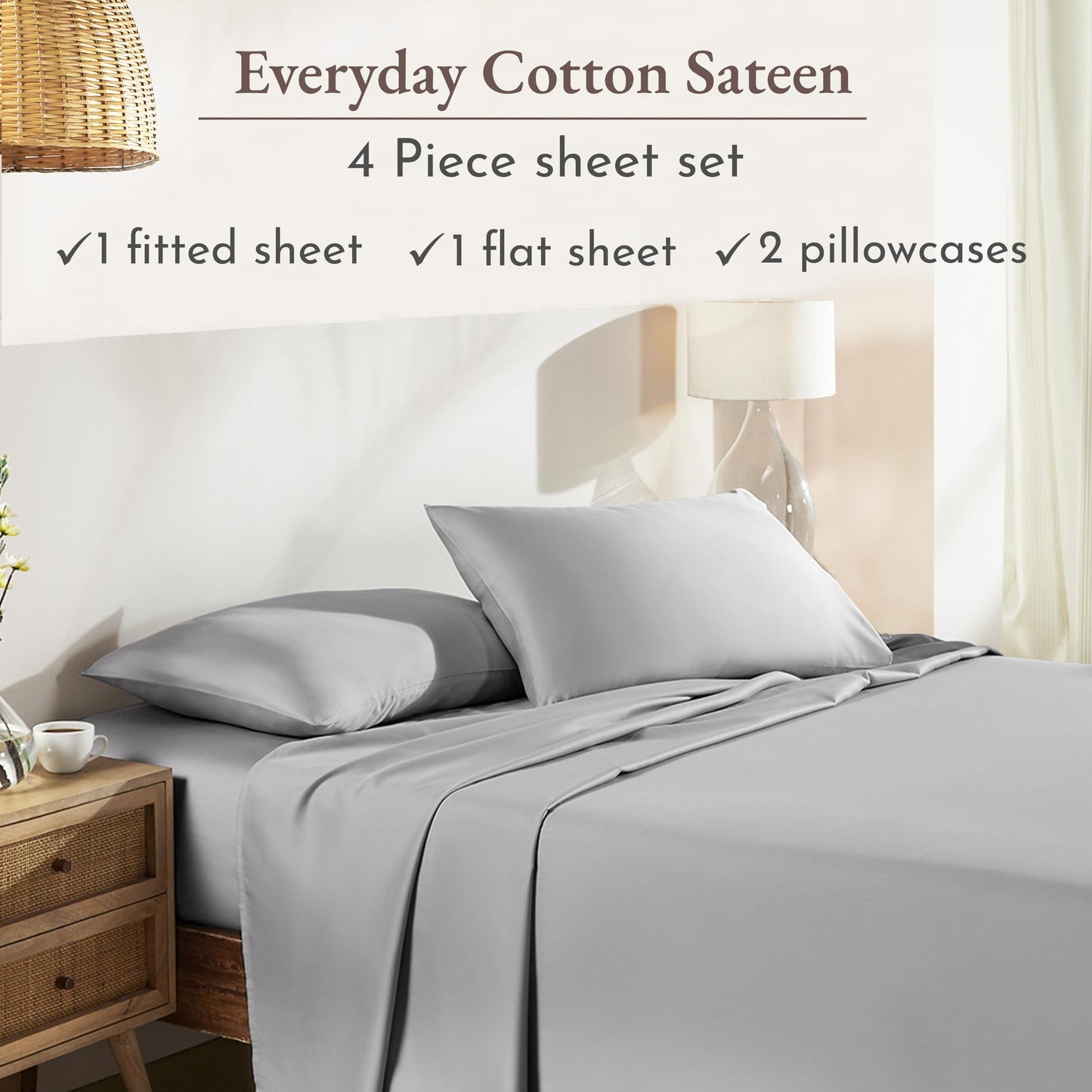 California Design Den Queen Sheet Set - Natural 100% Cotton Sheets Queen Size Bed Set with Deep Pockets, Soft Sateen Weave, Breathable and Durable Bedding (Light Grey)