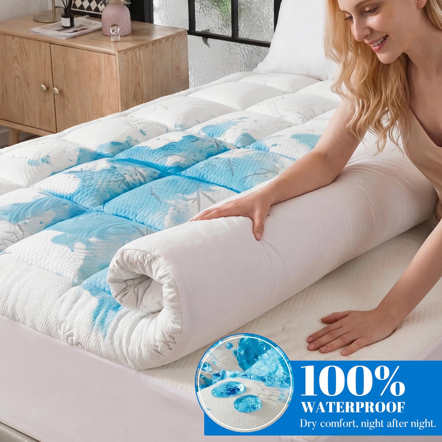 Ubauba 100% Waterproof Full Size Mattress Topper, Viscose Made from Bamboo Pillow Top Mattress Protector for Back Pain Relief, Breathable Cooling Mattress Pad for Hot Sleeper, 8-21 Inch Deep Pocket