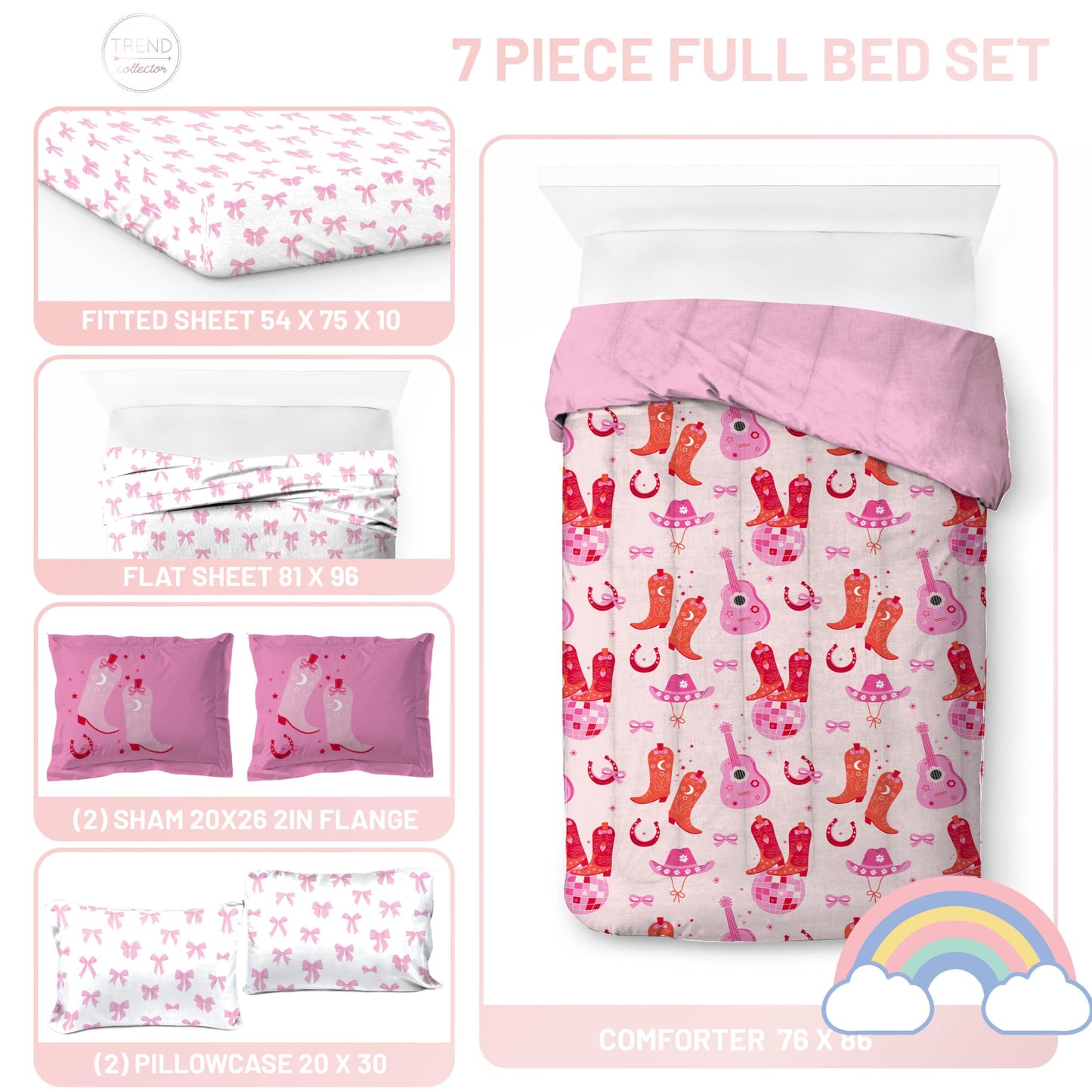 Jay Franco Kids Bed Set, Pink, Cowgirl Boots & Bows, 7 Piece Full