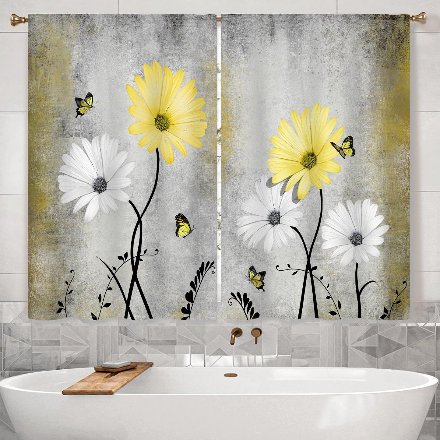 Cizuug Yellow Daisy Rustic Farmhouse Kitchen Curtains Watercolor Floral Flower Small Short Cafe Window Curtains Butterfly Country Bathroom Drapes Treatment Tier Curtains 2 Panels