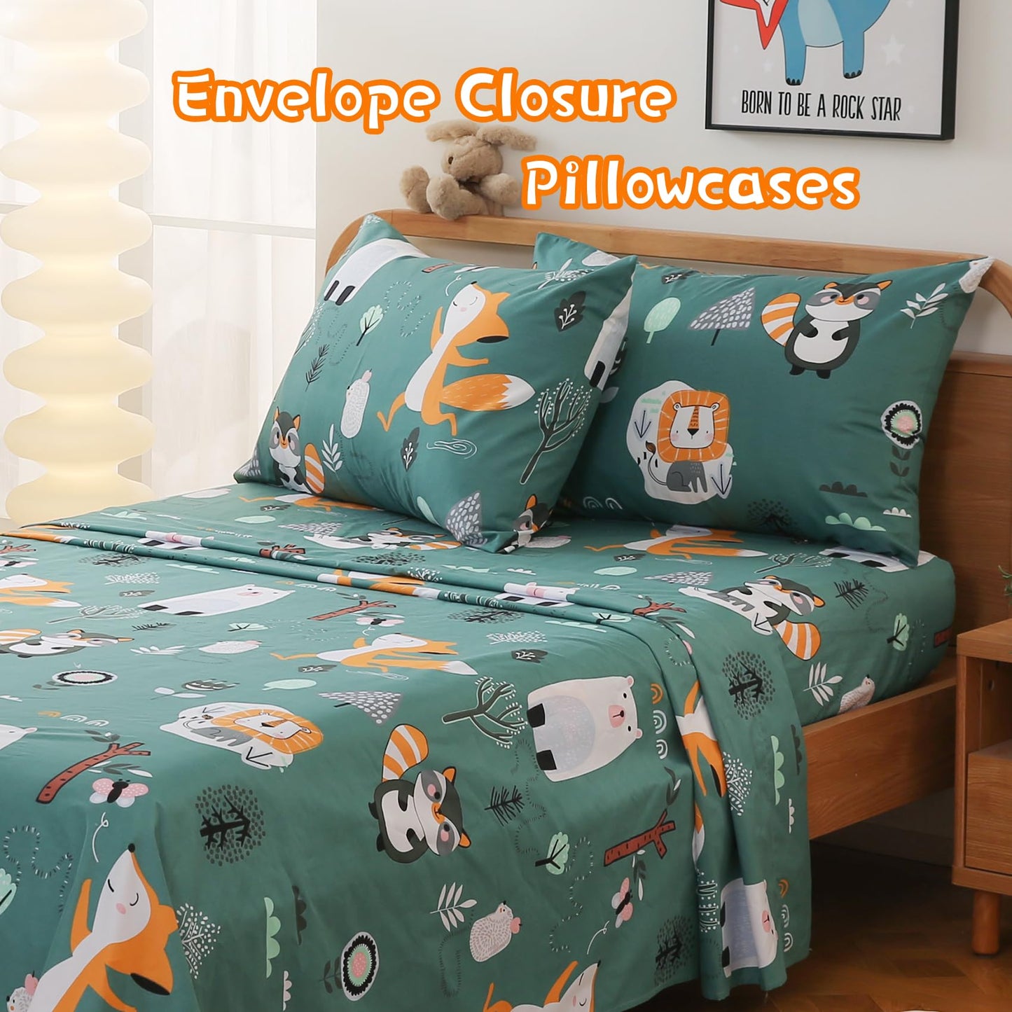 JSD Green Forest Animals Kids Sheet Set Twin Size, 3 Piece Woodland Printed Microfiber Bed Sheets Deep Pocket