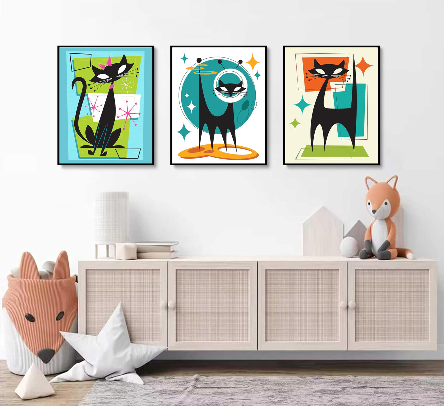 3Pcs Futuristic Atomic Cats Wall Art Canvas Set Modern Tech Inspired Posters in Blue Green Orange Abstract Geometric Paintings Pictures and Prints Gallery Wall Decor for Living Room Bedroom Unframed