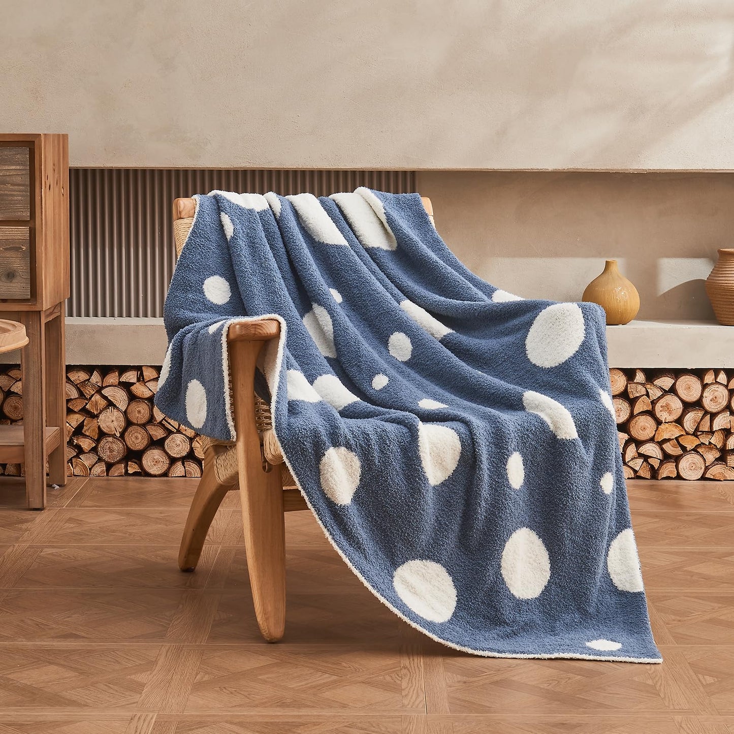 Douceur Polka Dot Throw Blanket for Couch Sofa Bed, Reversible Cozy Fluffy Super Soft Bedroom Blanket, Plush Dusty Blue Throw Blanket, 50×60 inches