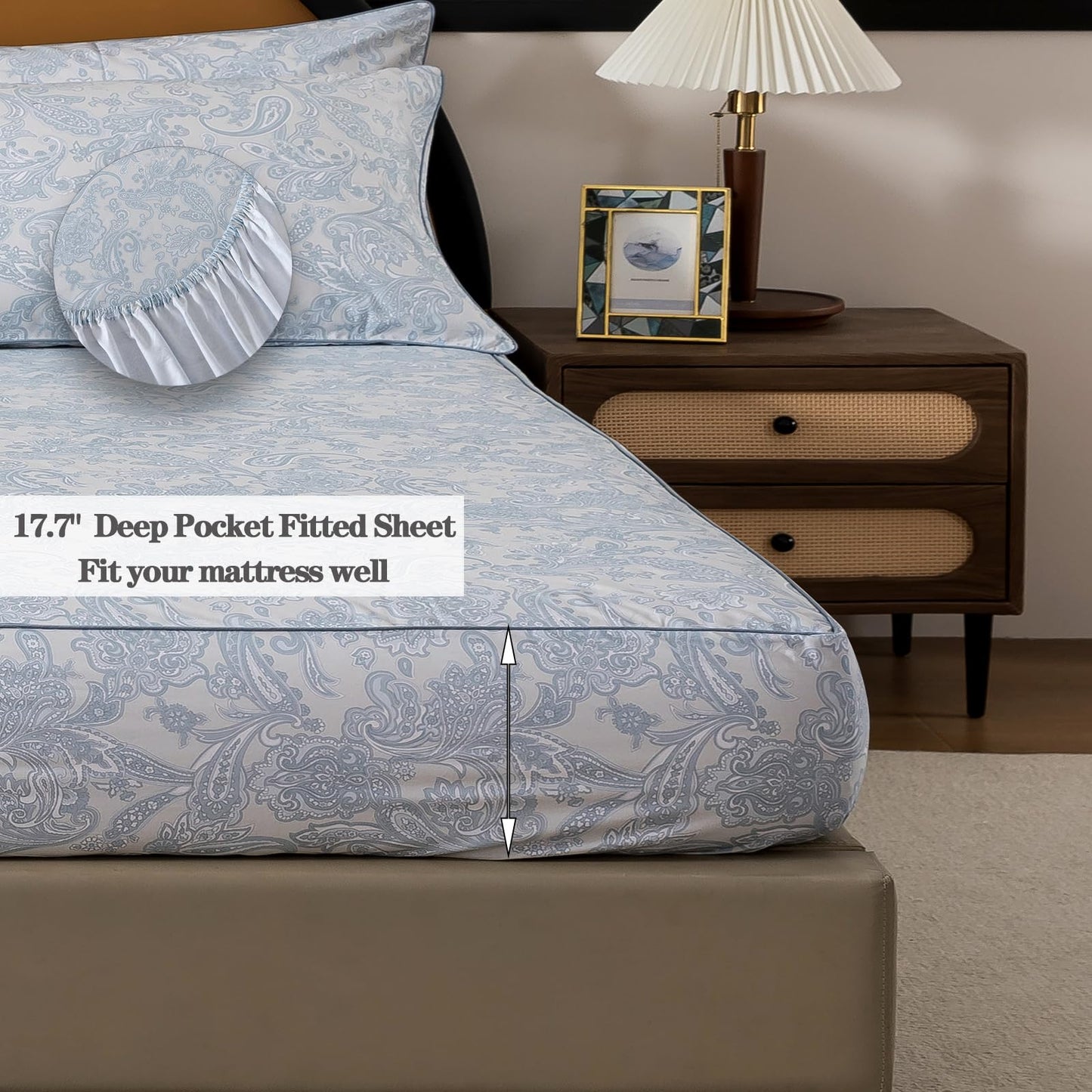 FADFAY Sheets Set Full 100% Cotton, 4-Piece Shabby Paisley Floral Bedding Light Blue Boho Paisley Bed Sheet Set, Vintage Farmhouse Bedding Soft & Breathable Deep Pocket Fitted Sheet for All Seasons