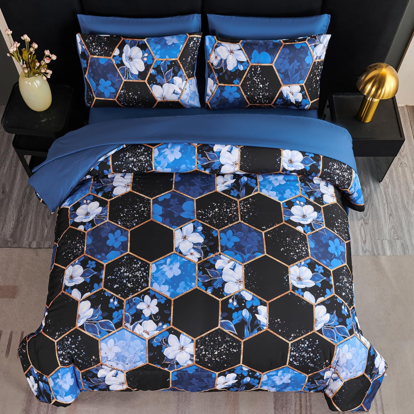 ANGIYUIN 7 Pieces Blue Black Full Size Bedding Sets Marble Comforter Set White Floral Bedding Comforter Sets Gold Geometric Bed in A Bag with Sheets for Women Men