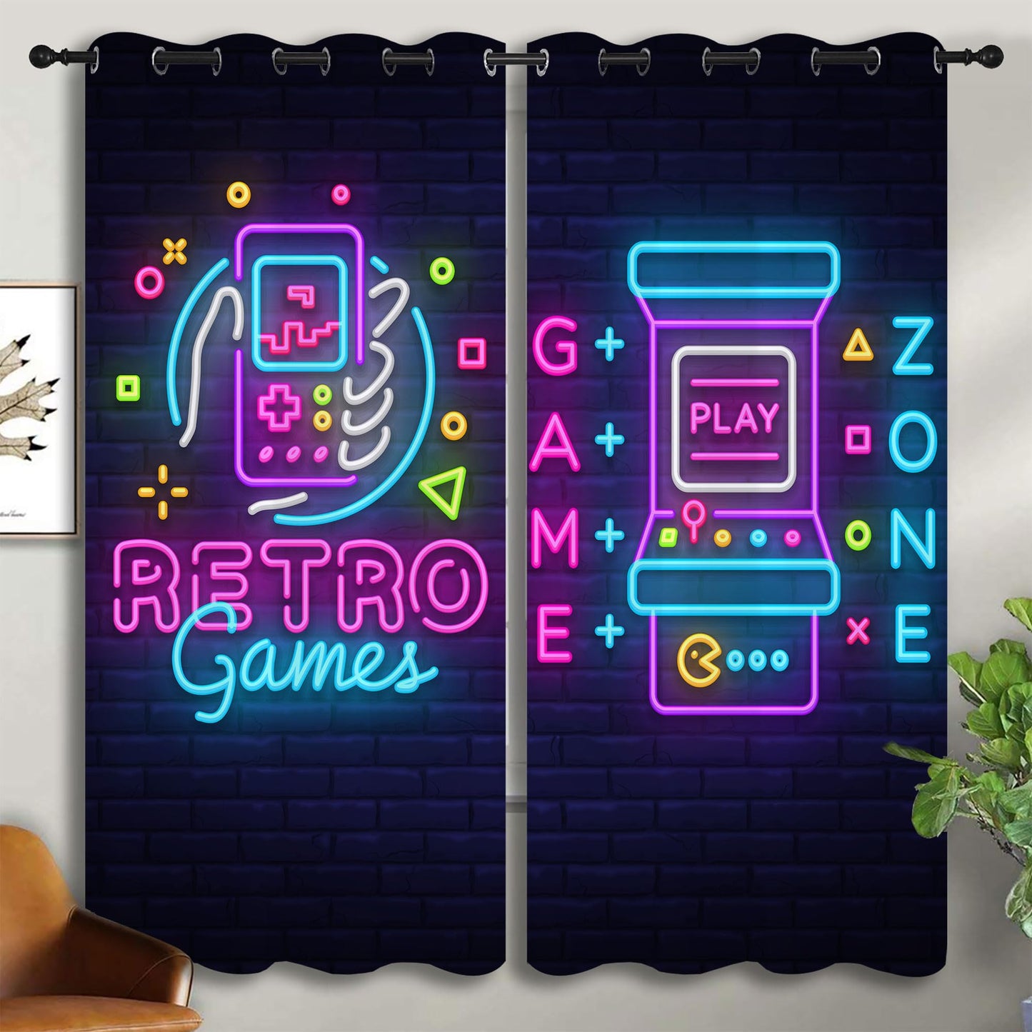 Neon Art Retro Game and Arcade Game Grommet Blackout Curtains for Boy Girl Bedroom,Video Gaming Gamepad and Wall Background Thermal Insulated Home Window Drapes for Living Room Darkening,72x63in