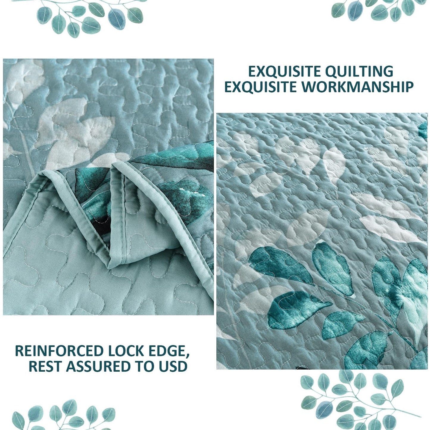 WONGS BEDDING Floral Quilt Set Queen Size, 3 Pieces Aqua Botancal Leaves Bedspread Coverlet Set with 2 Pillowcases for All Season, Soft Microfiber Floral Bedding Set 96"×90"