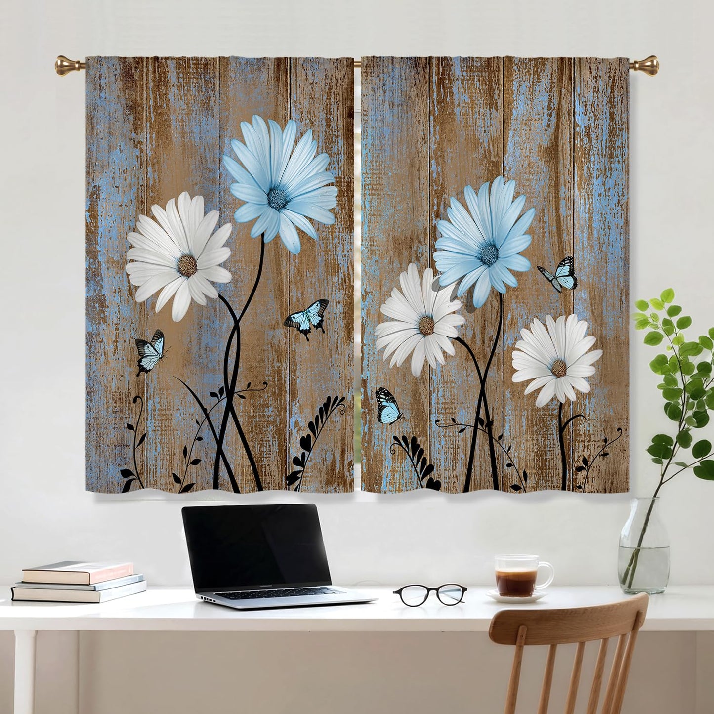 Cizuug Blue Farmhouse Daisy Curtains KitchenWooden Barn Plank Small Short Cafe Window Curtains Butterfly Rustic Country Spring Farm Bathroom Drapes Treatment Tier Curtains 2 Panels