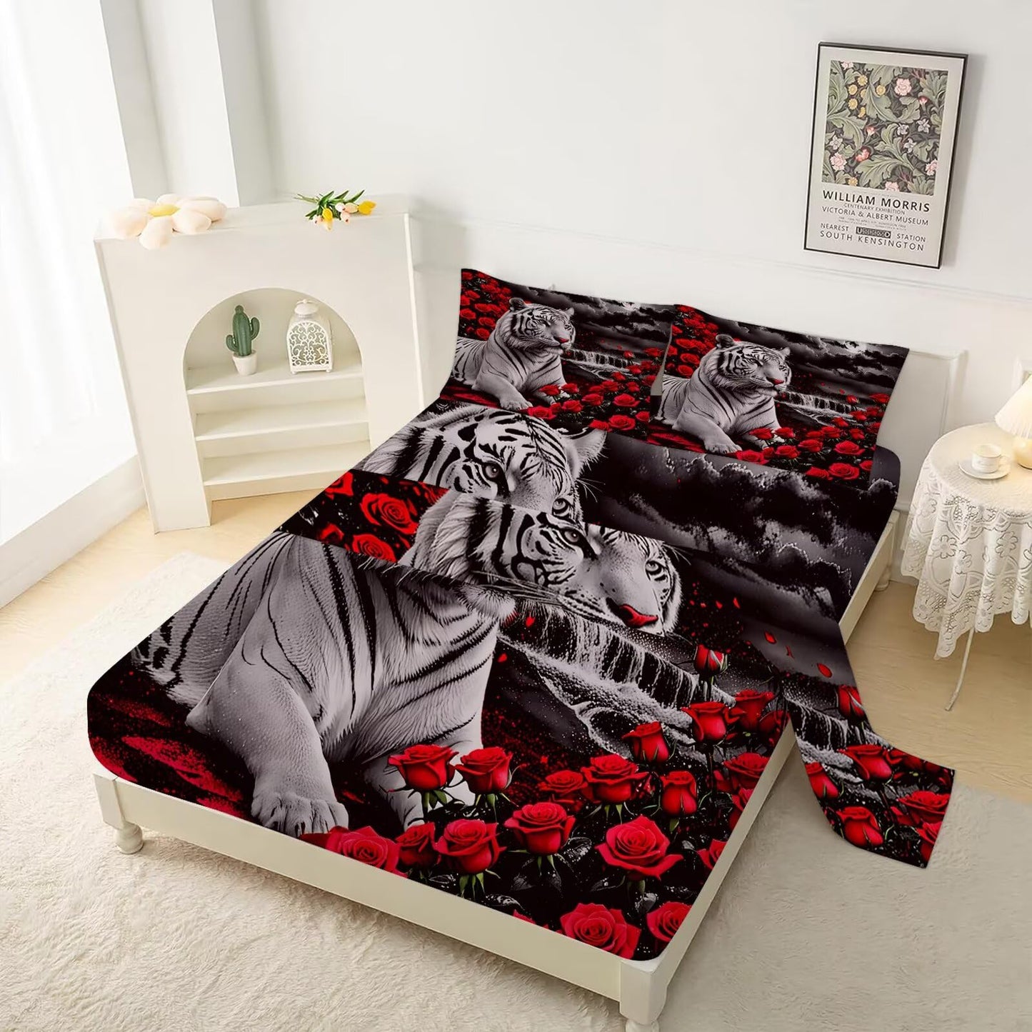 VTKON Rose Tiger Sheets Set Twin for Girls Boys Women and Men Red Black Animal Print Bedding Set 3D Tiger Bed Set with 1 Flat Sheet 1 Fitted Sheet and 1 Pillowcase