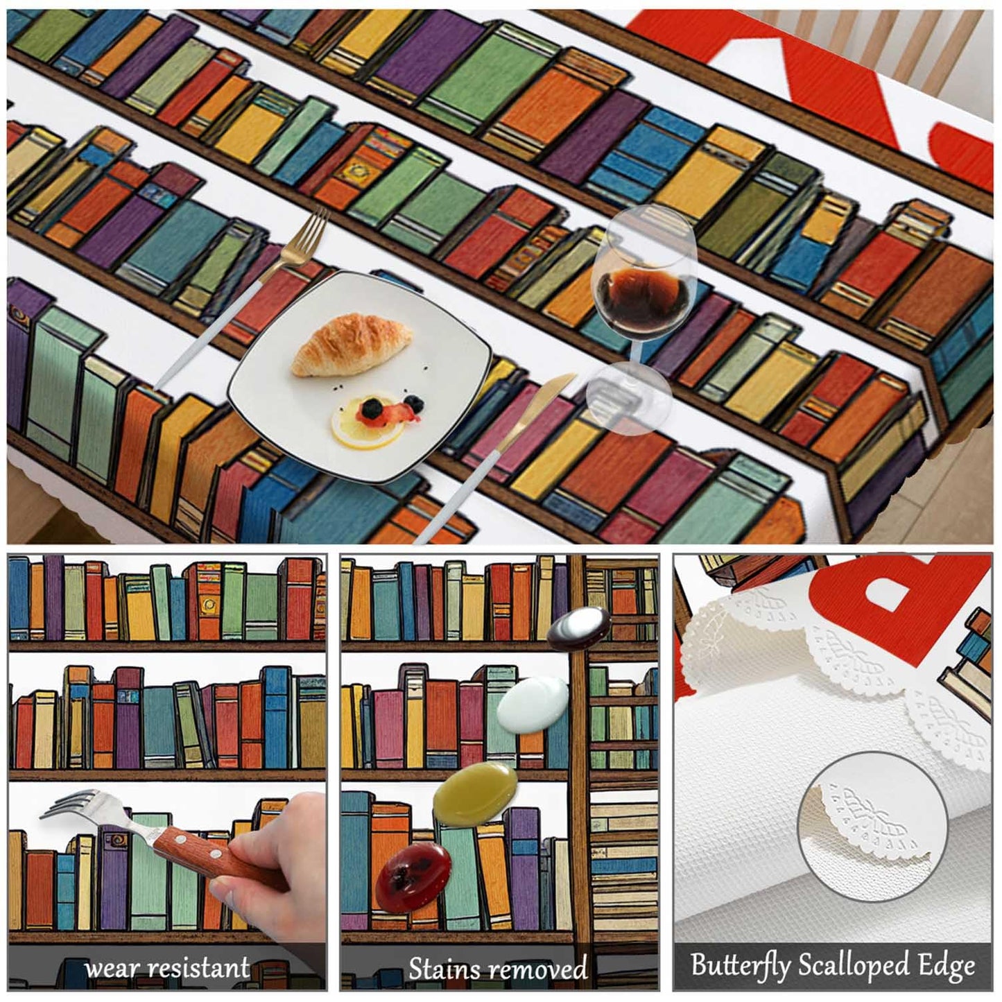 Swono 52x70 Inch Bookshelf Tablecloth Library Bookshelves Books and Ladder Farmhouse Dining Table Cloth Anti-Stain Talking Table Cover for Kitchen Dinning Room Coffee Store