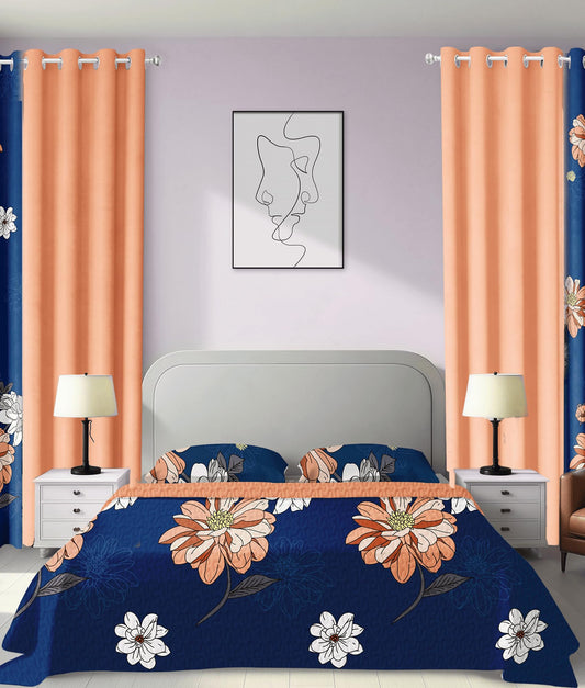 CozyCreatures Vintage Boho Blue Orange King Light Comforter Set, 9-Piece Bed in a Bag with Curtains, Brushed Microfiber Bedspread Set with Matching Curtains for Master Bedroom, Machine Washable