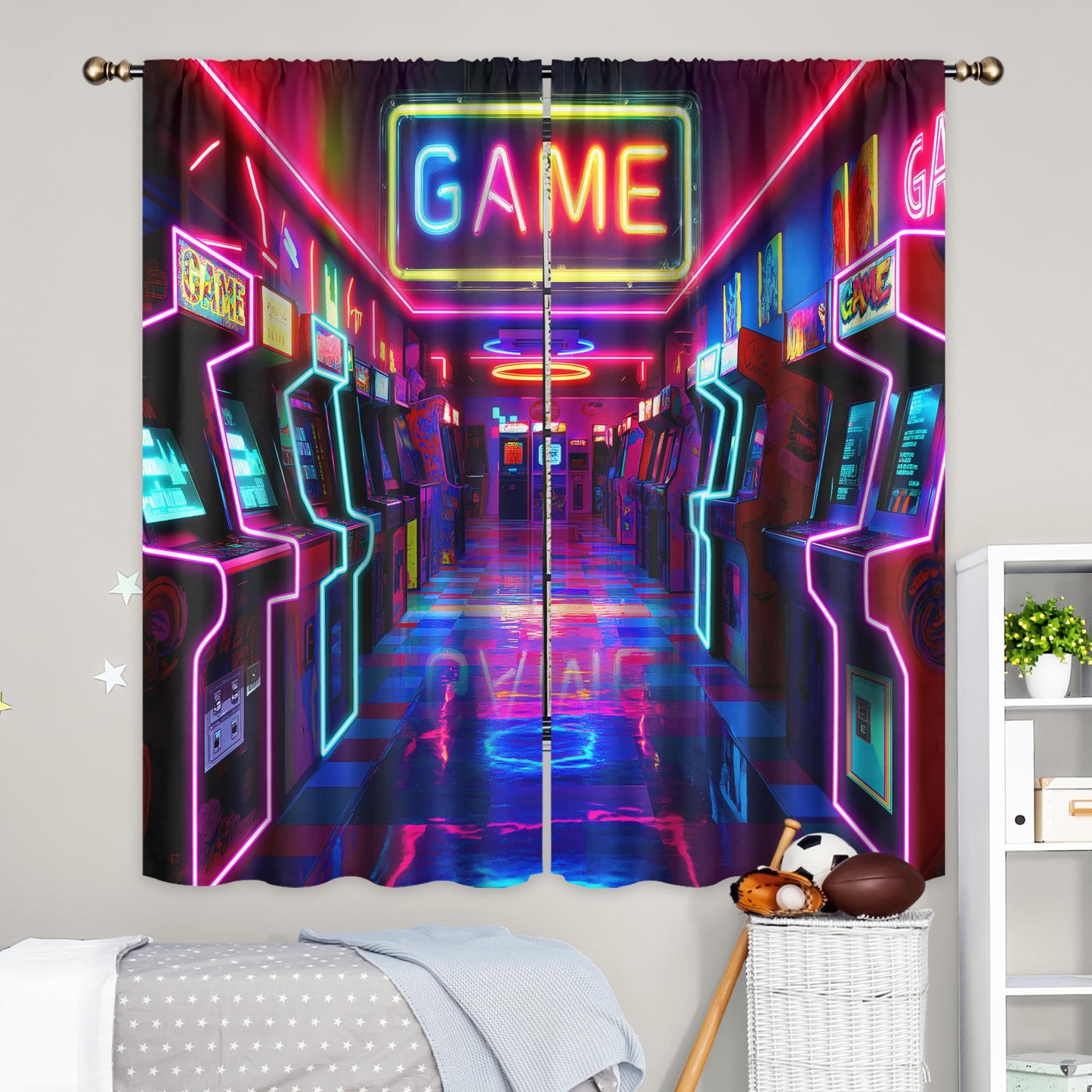 LIGHTINHOME Neon Arcade Game Curtains 42Wx63H Inch Retro Gamer Video Arcade Gaming Cool 80s 90s Window Curtains for Boys Bedroom Kids 2 Panels Rod Pocket Living Room Window Drapes Treatment Fabric