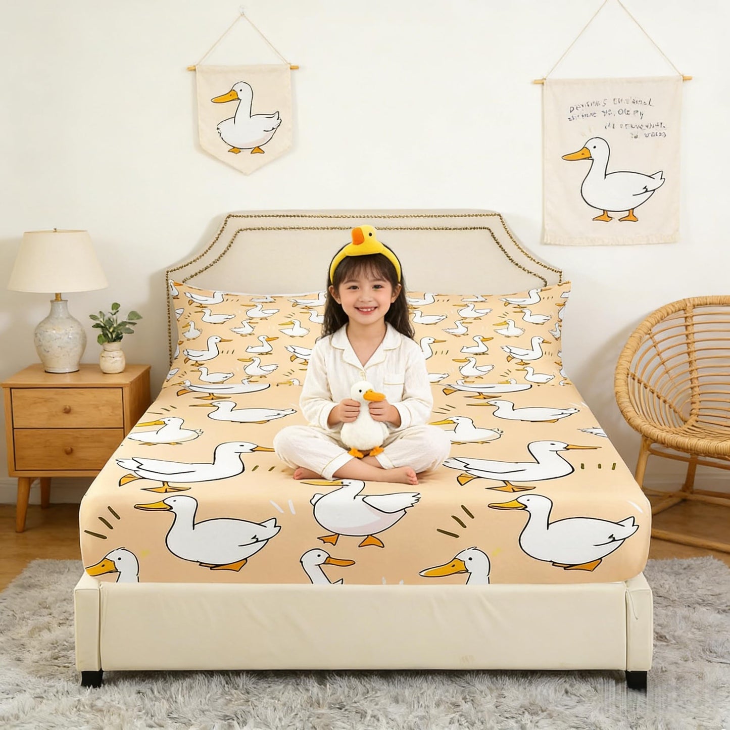 Homewish Cute Duck Fitted Sheet Full Size,Cartoon Farmhouse Livestock Animal Soft Fabric Deep Pocket Mattress Cover,Kawaii Goose Hand Drawn Orange Bed Cover with 2 Pillowcases,No Flat Sheet