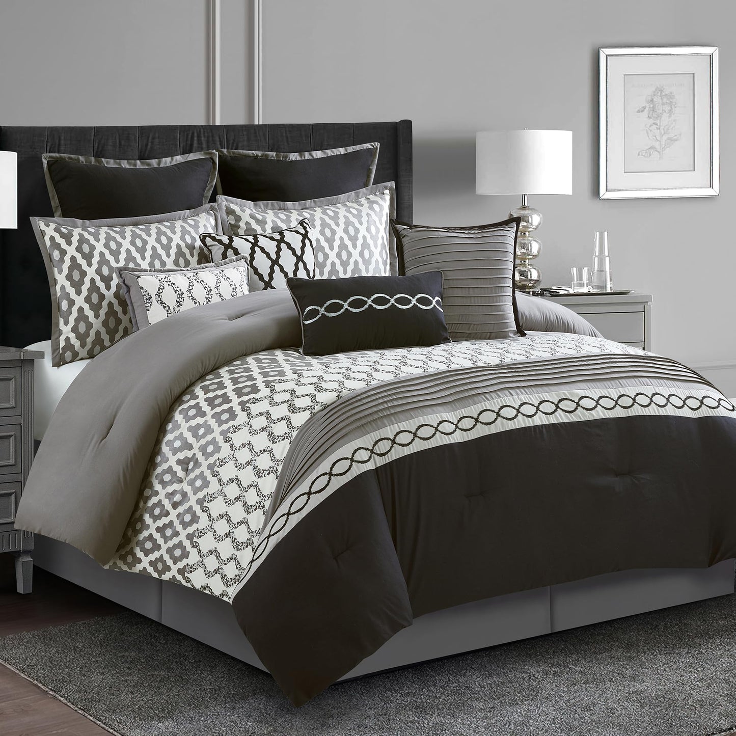 LANCO MODERN LIFESTYLE Queen Comforter Set, Black, 10 Piece Bed in a Bag for All Seasons, Luxury Extreme Comfort Bedding Sets with Bedskirt, Pillow Shams, Euro Shams and Decor Pillows