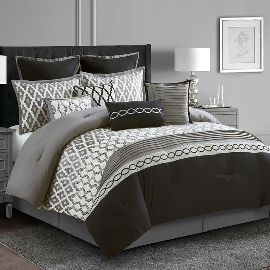 LANCO MODERN LIFESTYLE Queen Comforter Set, Black, 10 Piece Bed in a Bag for All Seasons, Luxury Extreme Comfort Bedding Sets with Bedskirt, Pillow Shams, Euro Shams and Decor Pillows