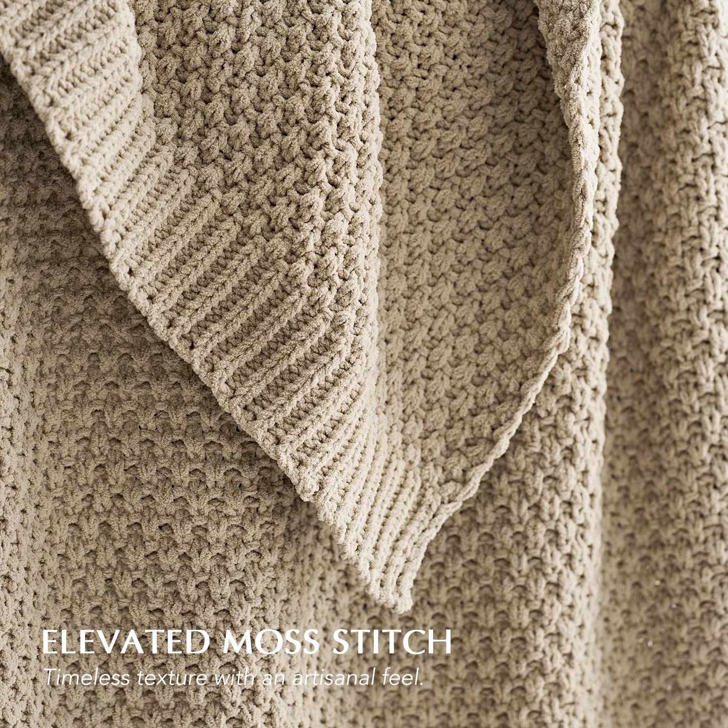 EVERGRACEHOME Chunky Chenille Knit Throw Blanket for Couch, Soft Luxurious Oversized Queen Moss Stitch Blanket for Bed, Cozy Farmhouse Knitted Throw for Sofa, Sand Dune, 90" x 90"