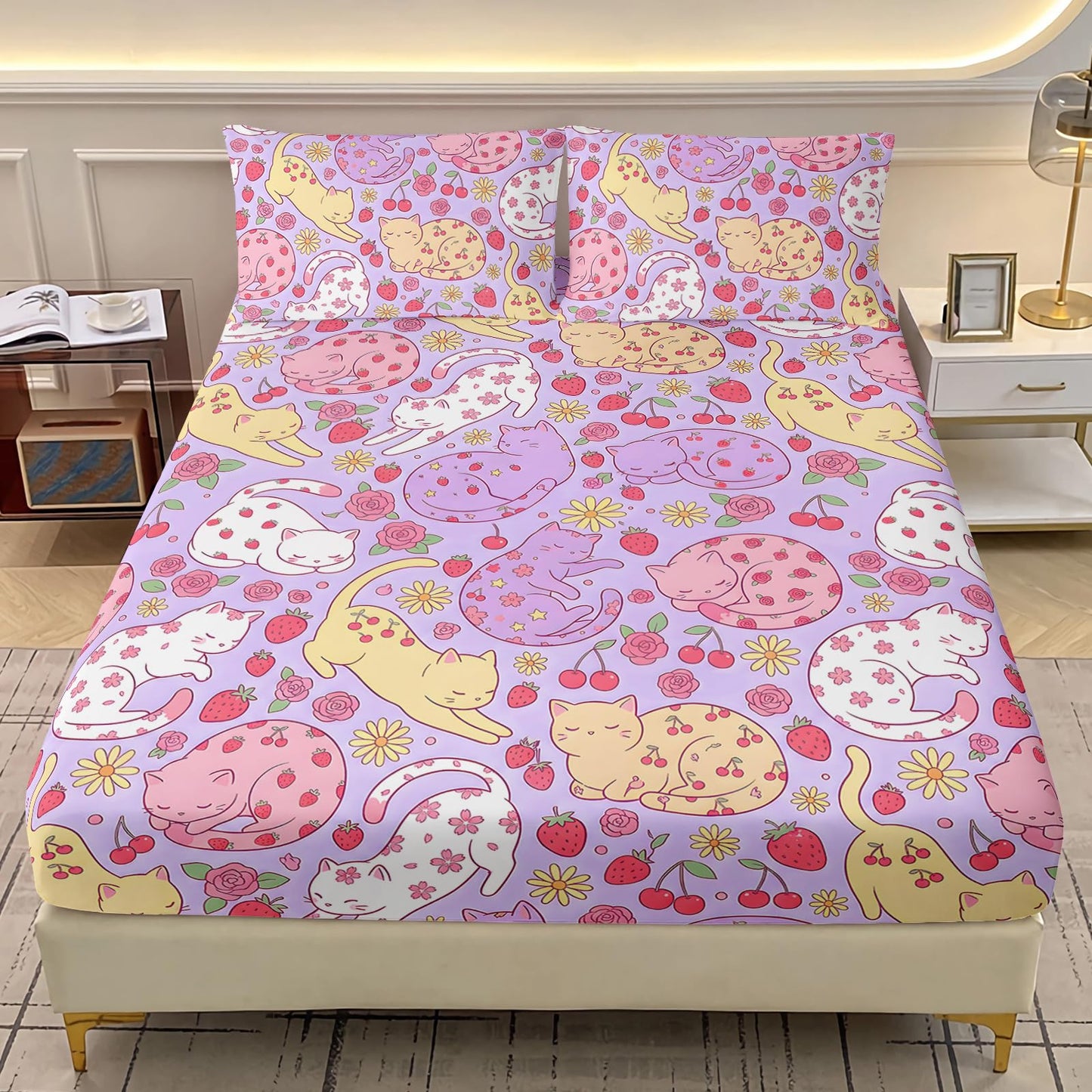 AILONEN Sleeping Cat Twin Fitted Sheet Set, 3 Piece Microfiber Bedding Pack with 2 Pillowcases, 16 Inch Deep Pocket, Purple Floral Room Style