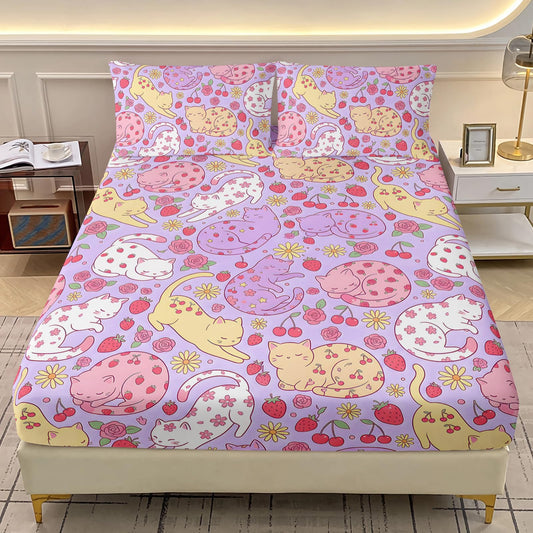 AILONEN Sleeping Cat Twin Fitted Sheet Set, 3 Piece Microfiber Bedding Pack with 2 Pillowcases, 16 Inch Deep Pocket, Purple Floral Room Style