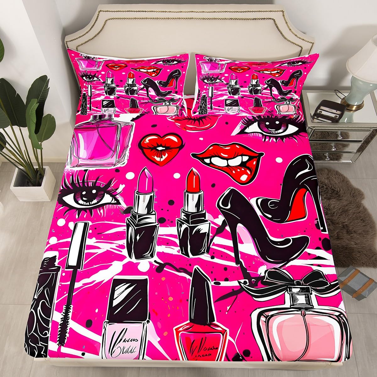 Homewish Makeups Fitted Sheet Queen,Red Lips High Heels Bedding Set 3pcs for Girls Woman Adult Room Decor, Beauty Graffiti Bed Cover Purple Bed Sheet Set with 2 Pillowcases
