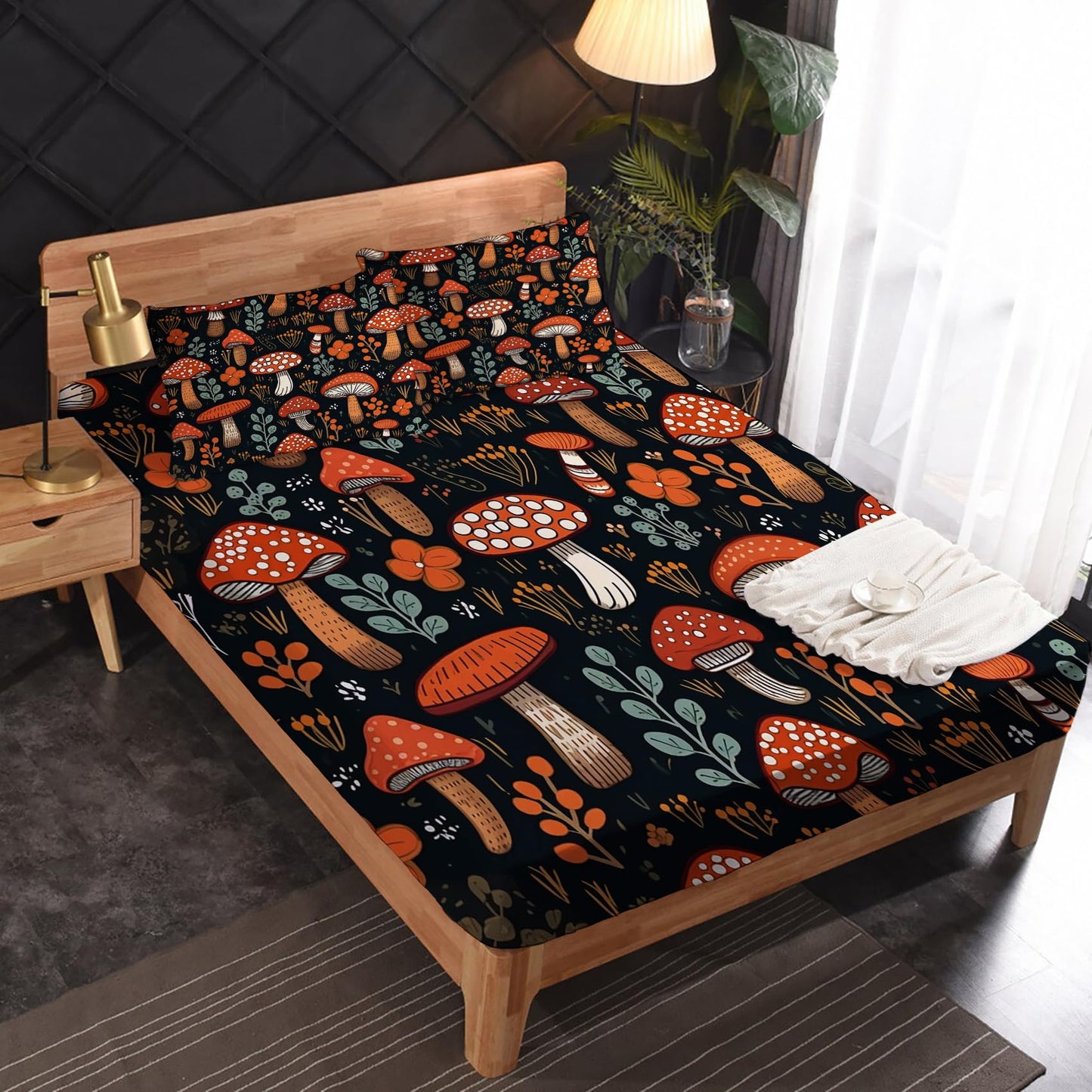zcsm Mushroom Sheets King Size - Botanical Bed Sheets, Soft Microfiber & Deep Pocket & Wrinkle Free Patterned Bedding Sheets & Pillowcases, 4 Piece (1 Fitted Sheet, 1 Flat Sheet, 2 Pillow Cases)