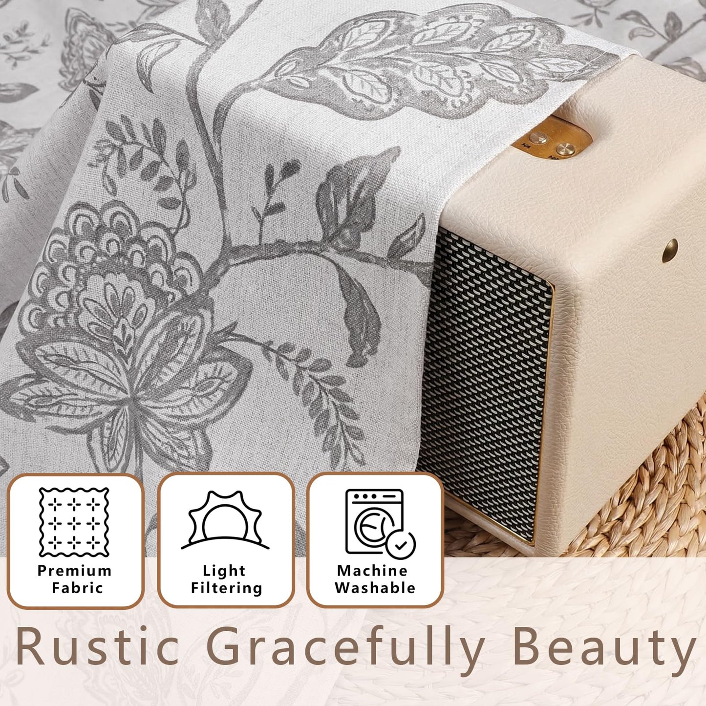 Ebesto Floral Curtains 63 Inch Length - Light Filtering Faux Linen Flower Printed Window Curtains for Bedroom, Rod Pocket No-See Through Privacy Drapes, 2 Panels, Each 40Wx63L Inches, Grey
