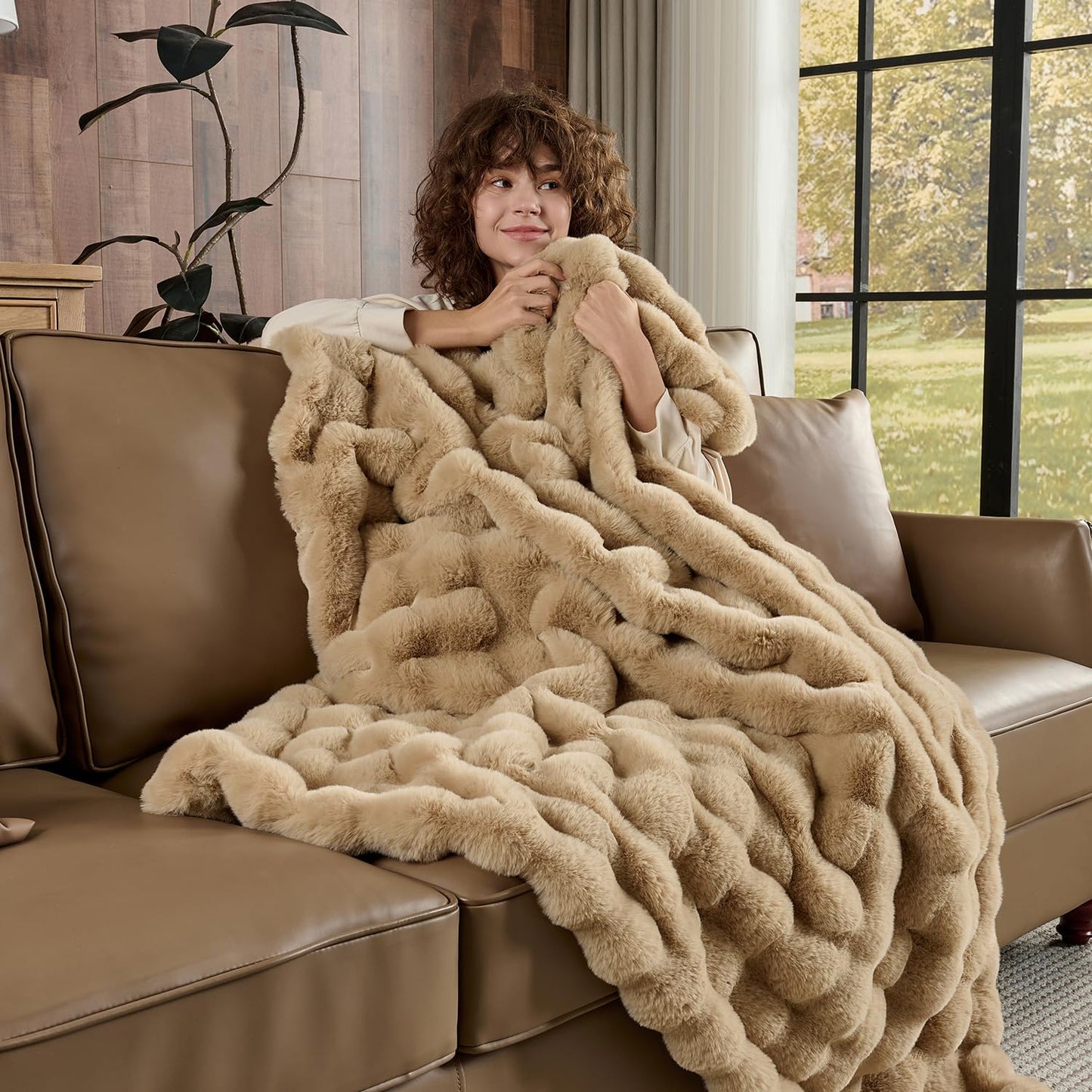 Lotus Karen Faux Fur Throw Blanket Khaki - Big Bubble Rabbit Fluff Blanket for Couch, Small Fluffy Fuzzy Cozy Blanket, Thick Furry Plush Shaggy Blankets, 50x60 Inches