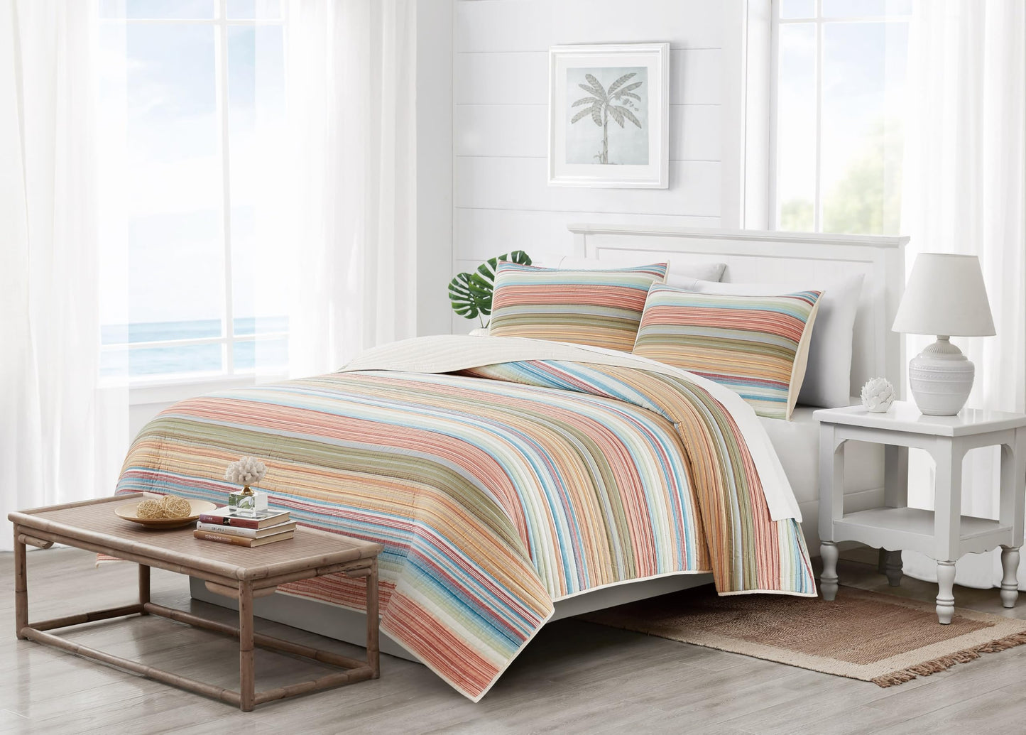Oceanfront Resort Palm Beach Yarn Dye Stripe 2 Piece Twin Quilt Set, Coastal and Nautical Themed, Oeko-TEX Certified Confidence