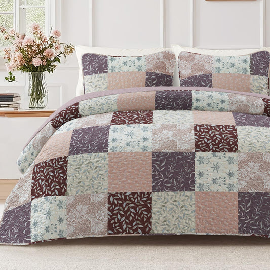 Exclusivo Mezcla Reversible Boho Quilts Queen Size, Brown Soft Bedspreads Lightweight Coverlet All Season Patchwork Quilt Bedding Set with Printed Floral Pattern (1 Quilt, 2 Pillow Shams)