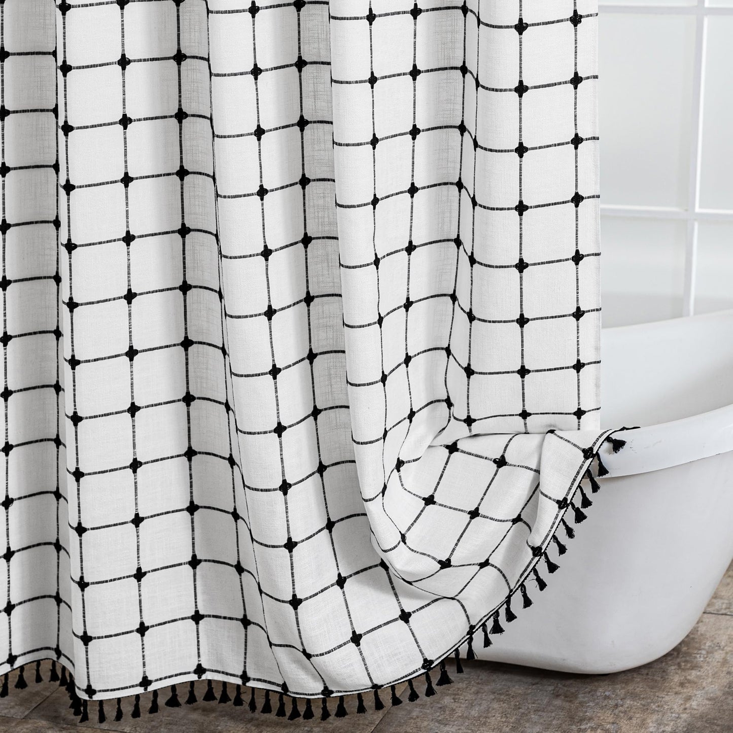 ROSERY No Hook Shower Curtain with Snap in Fabric Liner Set, Boho Farmhouse Black and White Woven Jacquard Grid Shower Curtain for Bathroom with Tassel, Checkered Pattern, 71" W x 74" L