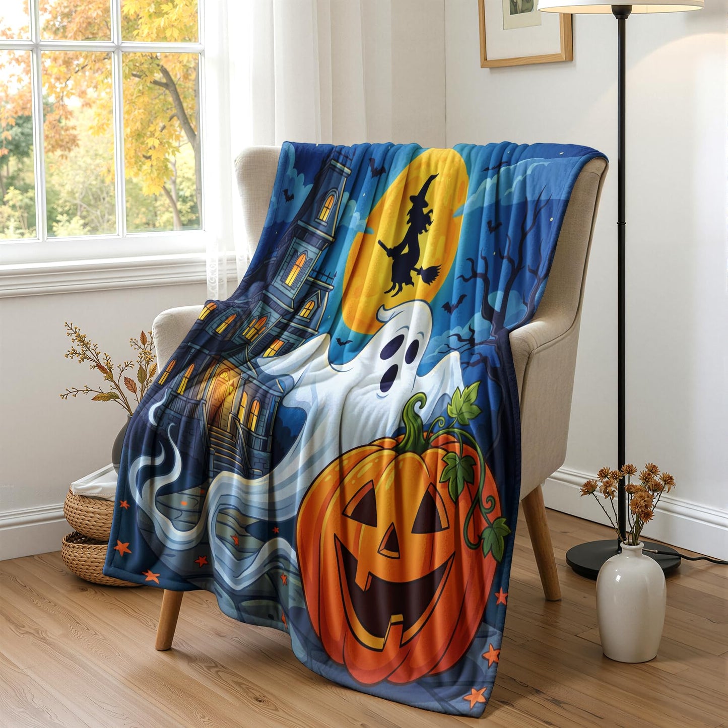 GEDAEUBA Halloween Blankets and Throws - Spooky Ghost Pumpkin Witch Bat Castle Fleece Blanket Full Size, Soft Cozy Blankets & Throws for Couch, Bed, and Sofa, 84x90 inches