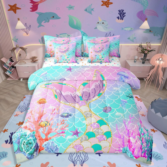 Mermaid Tail Bed in a Bag Queen Comforter Set 7-Piece | Fish Scales Girls Bedding Sets Girly Ombre Rainbow Comforter and Sheet Set,Teal Sequins Pastel Pink Paillette Ocean Life Sea Animal Room Decor