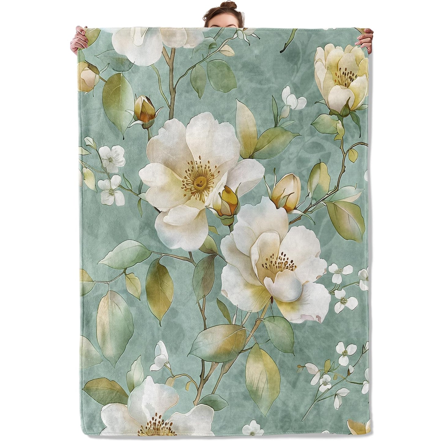 TRYYN Elegant Blossom Floral Throw Blanket for Couch Picnic Camping Bedroom Decor, White Flowers on Mint Background, Super Soft Cozy Warm Fluffy Fleece Blankets Gifts for Kids Adults, 60x50 Inch