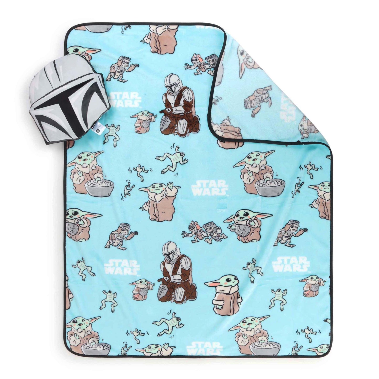 Jay Franco Kids Nogginz Set – 12" Inches Nogginz Pillow & 40" x 50" Inches Cozy Plush Throw Blanket, Ultra-Soft Character Nap Set for Travel, Bedroom & Couch Décor, Gray - Star Wars Mandalorian
