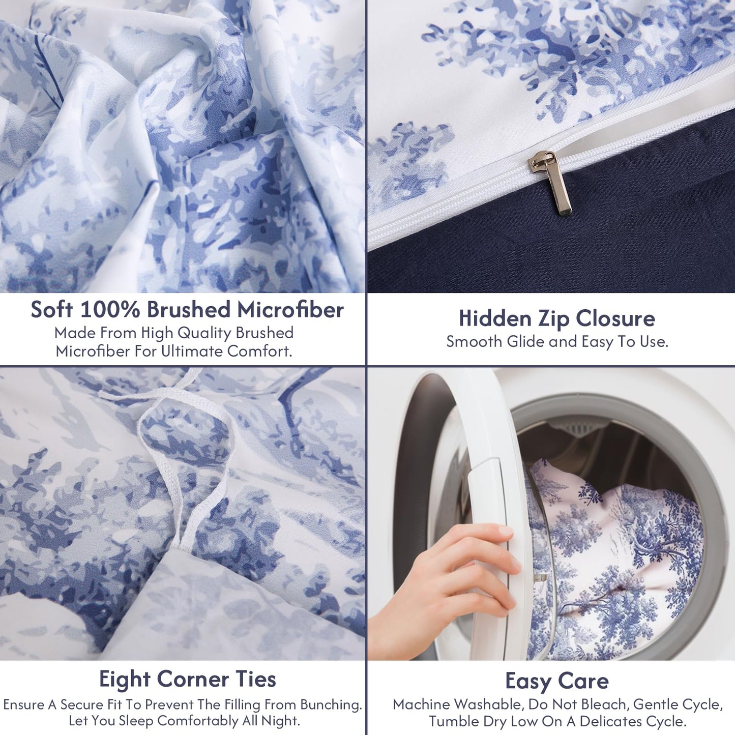 LONAVA Queen Botaincal 3 Pcs Duvet Cover Set, Breathable Soft Microfiber Navy Lining Comforter Cover with Zipper Closure, and 2 Anti-Pilling, Fade Resistant Pillowcases, Blue Forest