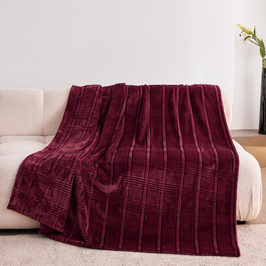 KORBLISS Super Soft Flannel Throw Blanket 50x60 Inches, Premium Checkered Jacquaed Silky Fleece Lightweight Bed Blanket All Season Use, Burgundy Strip, 50"x60"