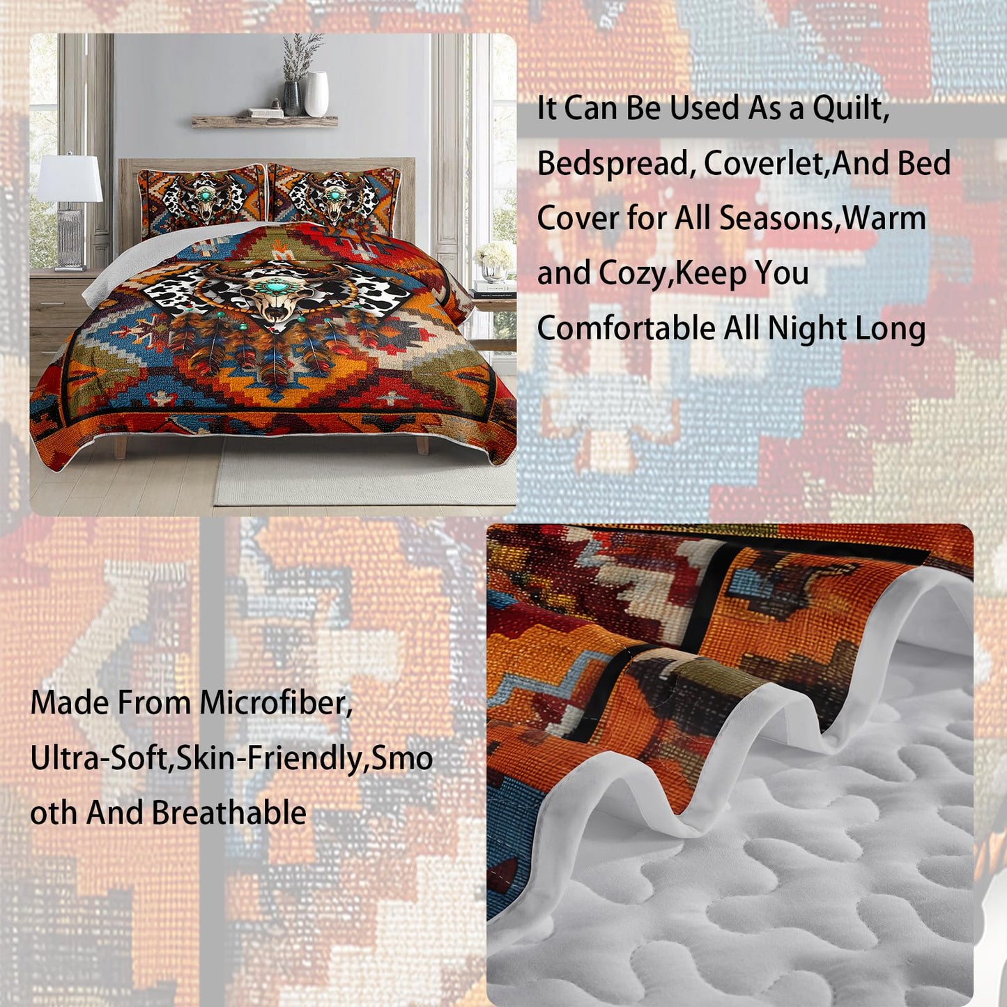 AILONEN Bull Skull Quilt Bedding Set King Size - Dreamcatcher Skull Boho Camo Bedspread Coverlet 3Pcs,Retro Ethnic Quilt,2 Pillowcases