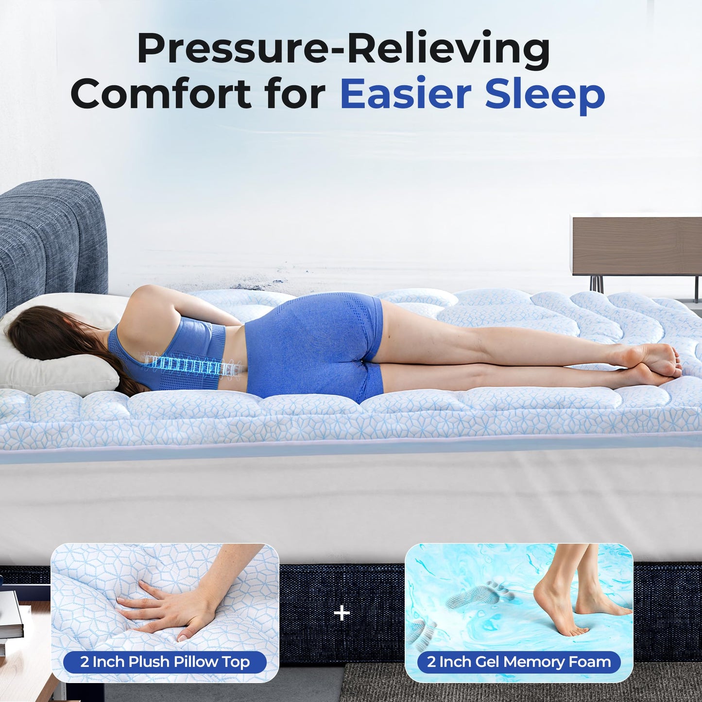 HOMRELEXA Dual Layer 4 Inch Cooling Memory Foam Mattress Topper Full Size, 2 Inch Thick Soft Quilted Ice Silk Pillow Top Cover Plus 2 Inch Gel Memory Foam Mattress Pad for Back Pain Relief