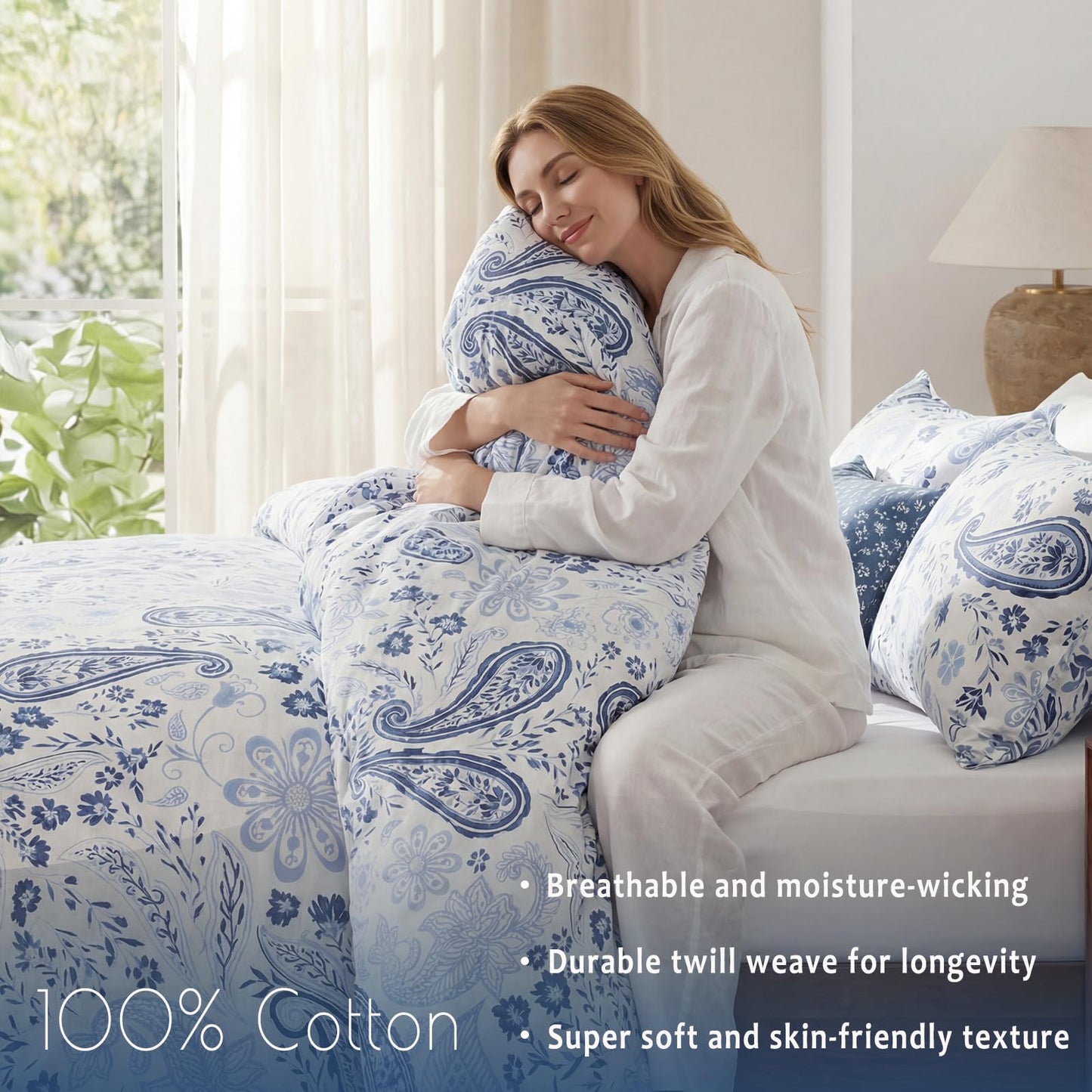 Bedorm 100% Cotton Duvet Cover Set Blue Paisley Bedding Set Vintage Paisley Floral Design Boho Chic Bedding 3 Pcs Soft, Breathable & Durable Duvet Cover with Zipper Closure